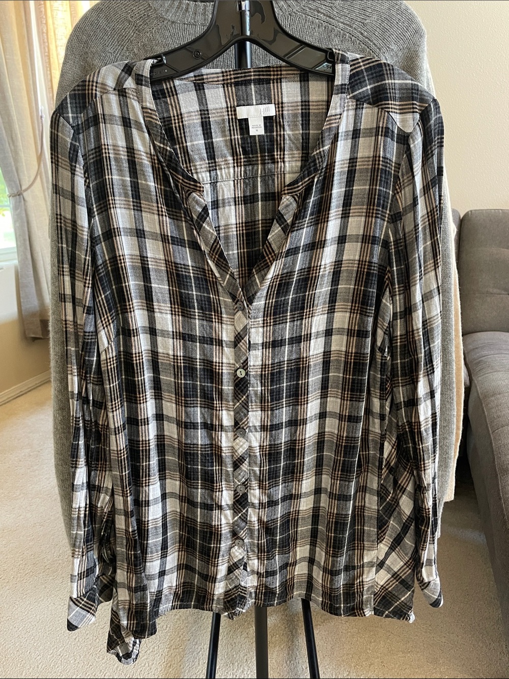 J. Jill Black, Gold and White Plaid Button-Down lightweight casual shirt M